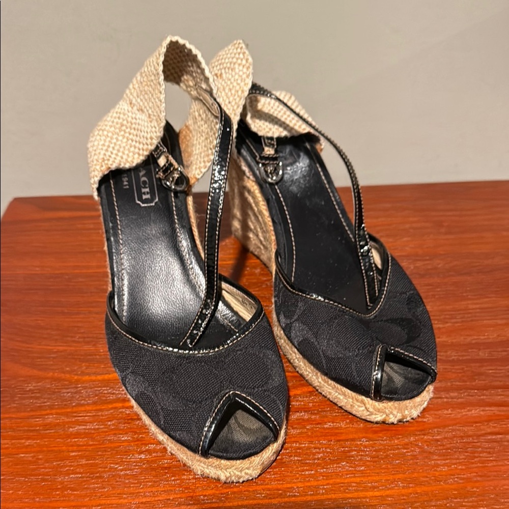 Coach Black and Tan Espadrille Wedge Sandals